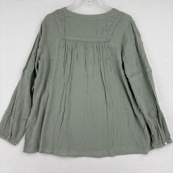 J. Jill Blouse Size S Green Boho Crinkle Texture Oversized Crochet Lace Trim - Picture 6 of 11